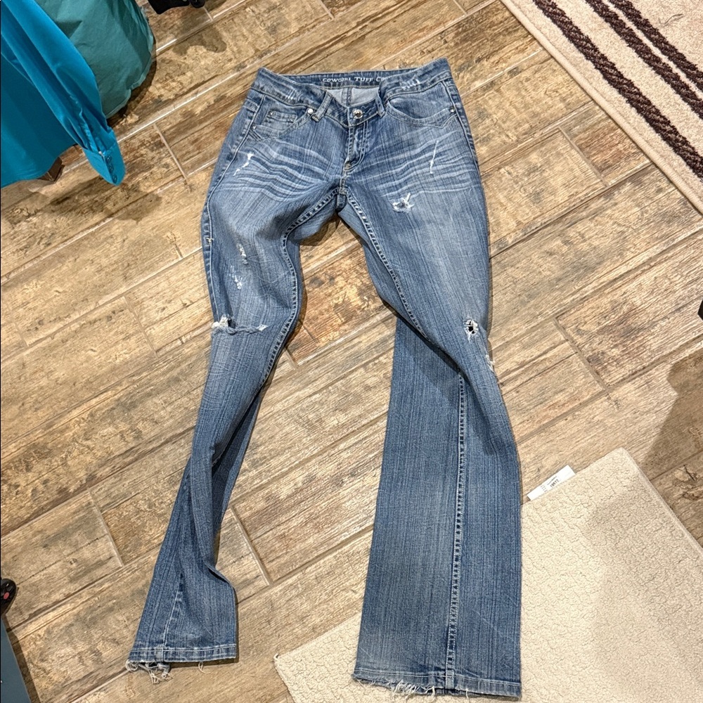 Cowgirl Tuff Distressed Flare Jeans in Blue